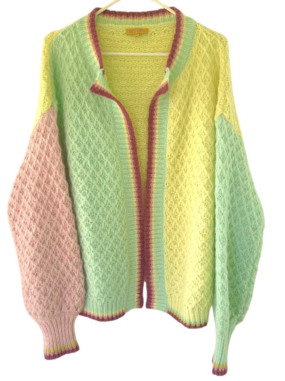 VRG GRL City Of Monet Knit Cardigan is a multi-color Block textured knit sweater